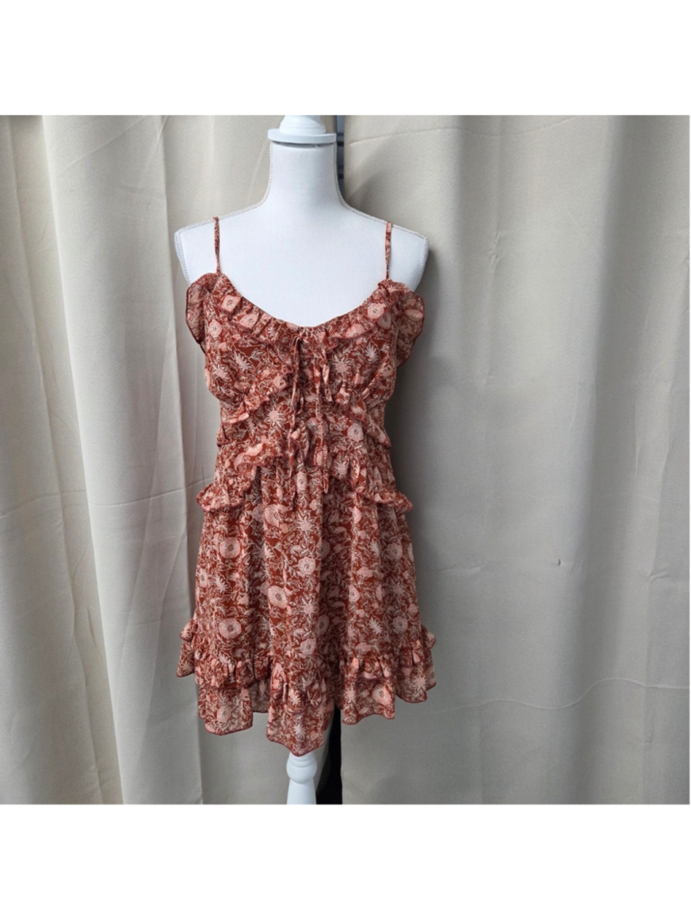 Forever 21 Floral Brown Ruffle Mini Dress Girly Festival Boho Size M